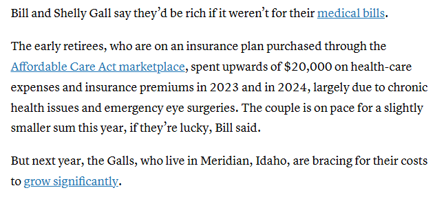 <a href="/SenAmyKlobuchar/">Senator Amy Klobuchar</a> Your argument is that my children should be paying taxes for a couple who retired 20 years early and claim that they would be rich if not for medical bills? If they worked how much would their employers cover? Not sure you could have found a worse example for ACA subsidies if you