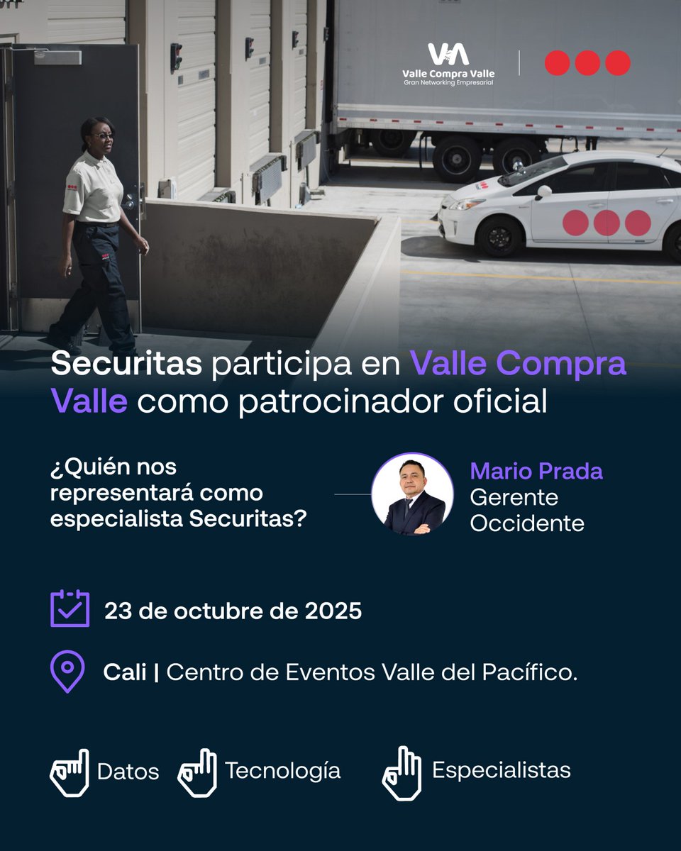 Securitas participará en #ValleCompraValle como patrocinador oficial 💼
Nuestro Gerente de Occidente, Mario Prada, representará a la compañía este 23 de octubre en Cali.
Gracias a @FenalcoValle por este espacio de conexión empresarial.
#SecuritasColombia #SeguridadInteligente