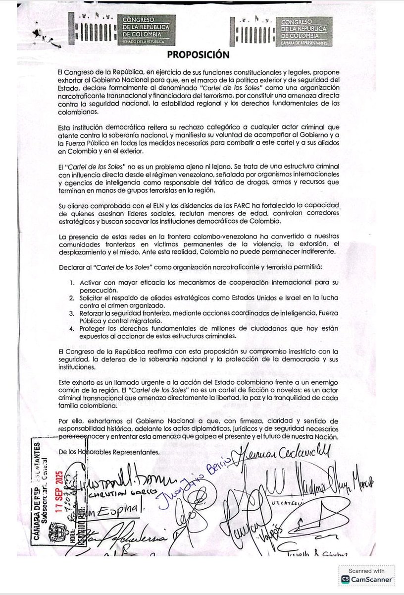 En Plenaria de <a href="/CamaraColombia/">Cámara de Representantes de Colombia</a> aprobamos nuestra proposición para declarar al Cartel de los Soles como grupo narcotraficante y terrorista. Ya era hora de llamar las cosas por su nombre: la dictadura venezolana es aliada del crimen, no de la paz.