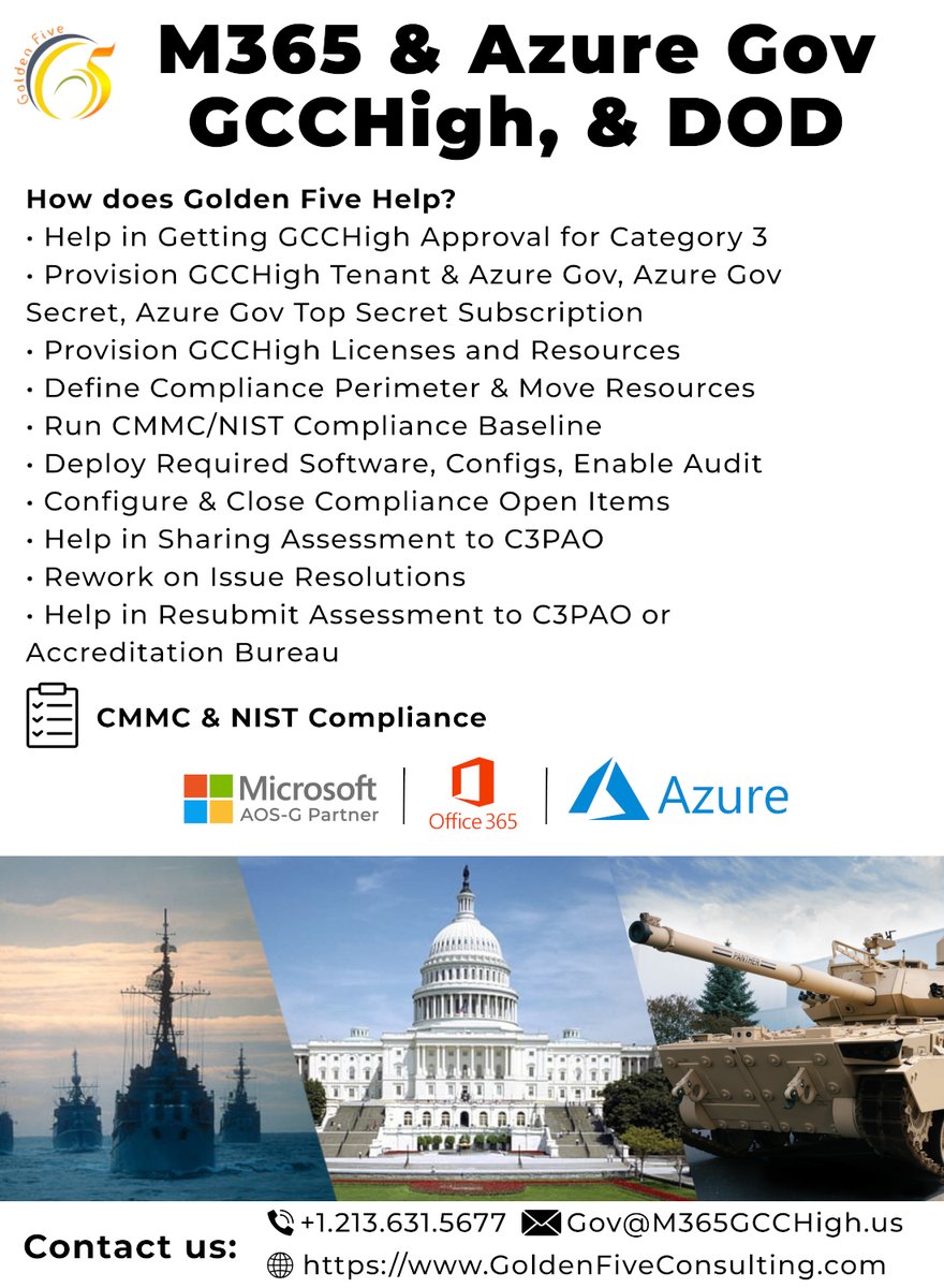 Allow us to help you Achieve CMMC/NIST Compliance.  
We are a M365 GCCHIGH reseller, your 1st step.  Contact us now!  

#gcc #gcchigh #usgovernment #IT #GoldenFive #dod #government #usa #army #navy #DoD #G5Consulting #azuregov #G5Consulting