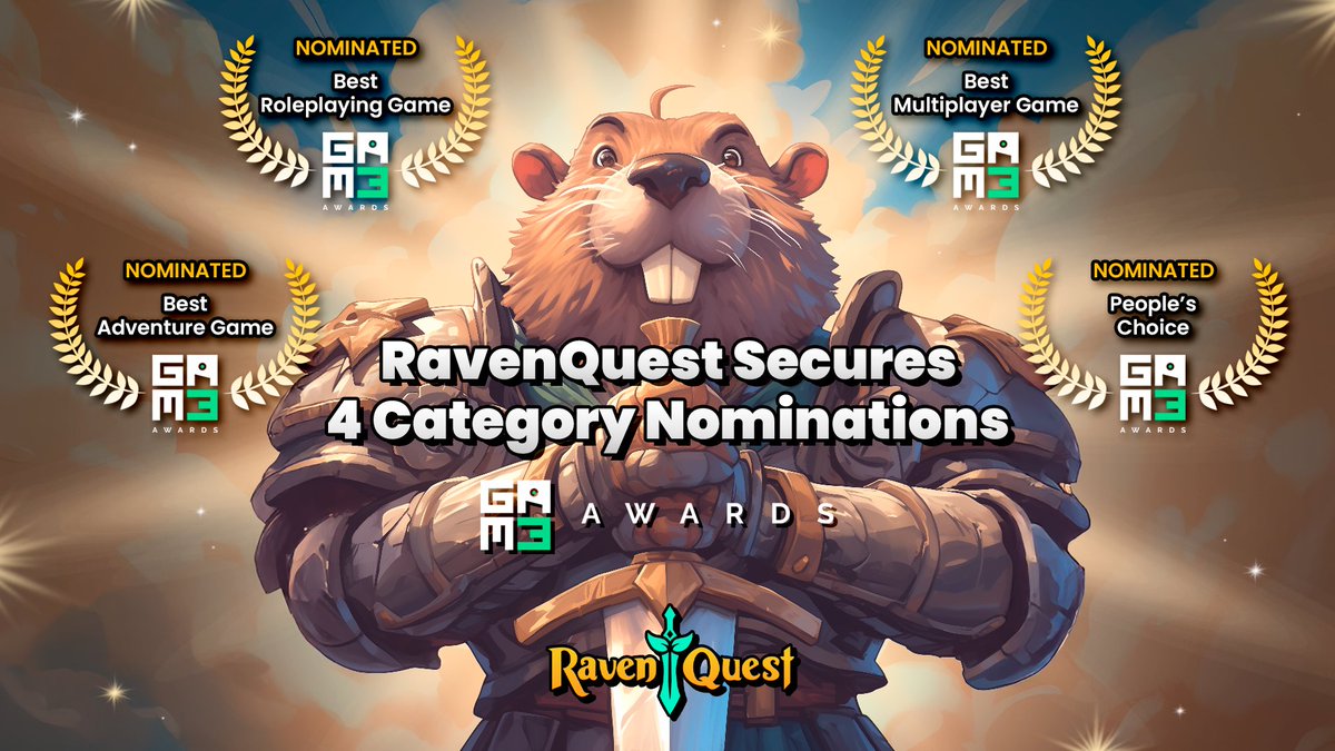 KnighterTG's tweet image. Incredibly proud to share @RavenQuestGame has secured four award nominations in the 2025 @GAM3Sgg_ Awards, including Best RPG, Best Adventure Game, Best Multiplayer Game &amp;amp; People's Choice! 

To be in four, top 5 categories alongside industry giants like Maplestory, Pudgy Penguins…