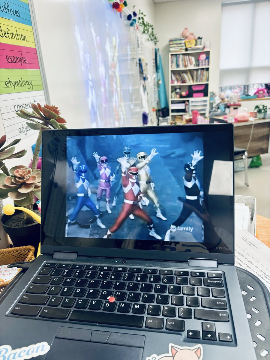 Ms_Bacon22's tweet photo. I played the intro to one of my favourite childhood shows - The Mighty Morphin’ Power Rangers - to help solidify the meaning of the morpheme/term ‘morph’ which means ‘to change’. 🤣 Hopefully it helped! #BugClubMorphology @StMonicaOCSB @OCSBelementary @PowerRangers https://t.co/WVsf7JSgcL