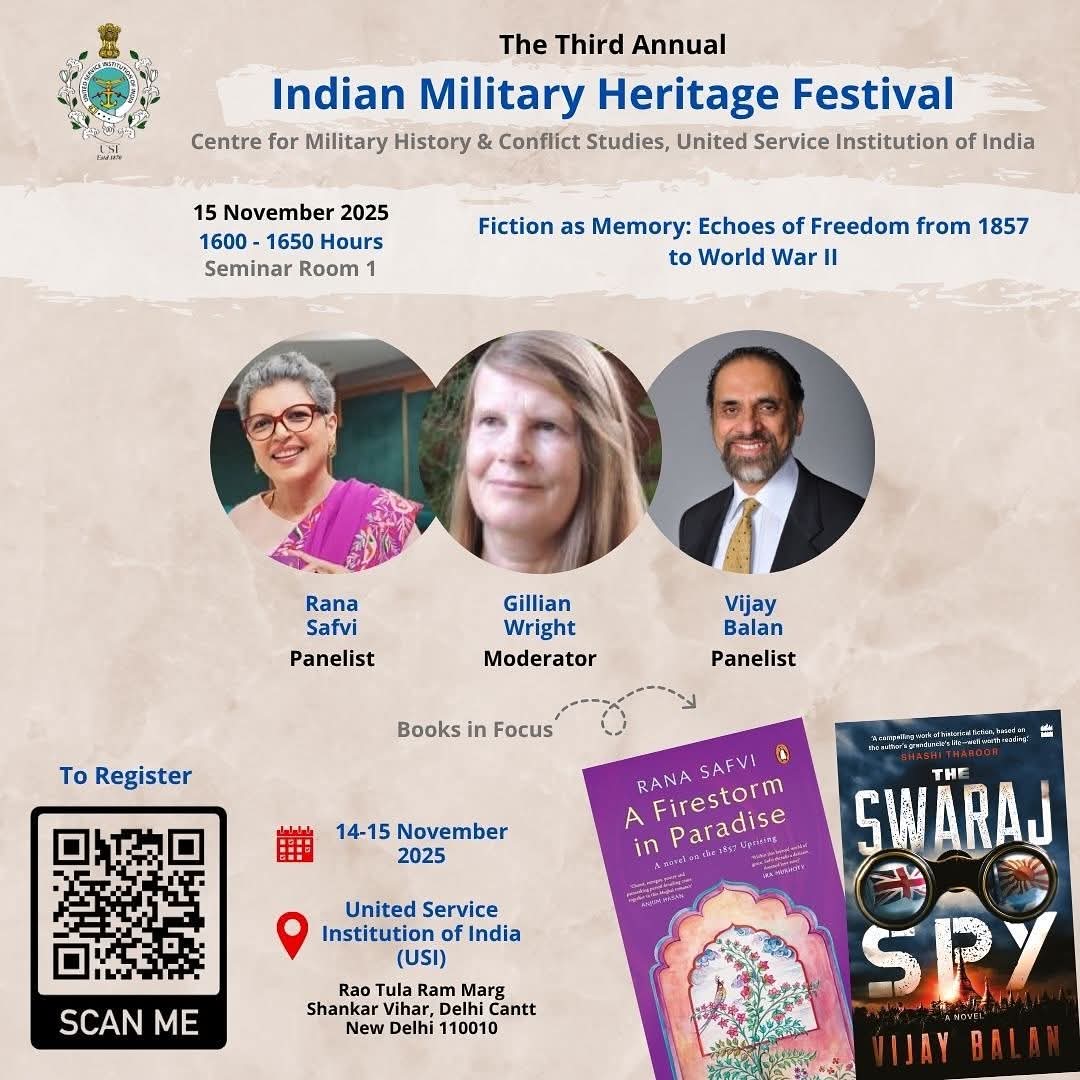 VBalanAuthor's tweet image. If you're in Delhi on Nov 15, join me as I discuss the role of Fiction as Memory. I'll share my experience and learning in telling the little-known story of India's armed independence struggle.
#TheSwarajSpy
#INA
#IndianArmy
#WorldWarTwo
#HistoricalFiction