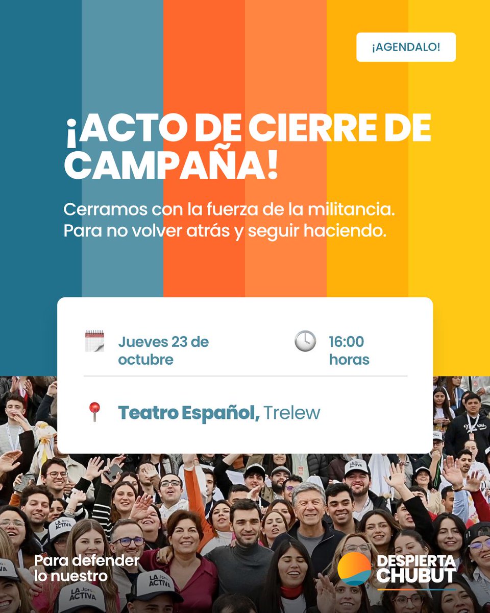 PARA NO VOLVER ATRÁS Y SEGUIR HACIENDO
Te invitamos a ser parte del cierre de campaña de Despierta Chubut.

🗓 Jueves 23/10 – 16 h
📍 Teatro Español, Trelew

#DespiertaChubut