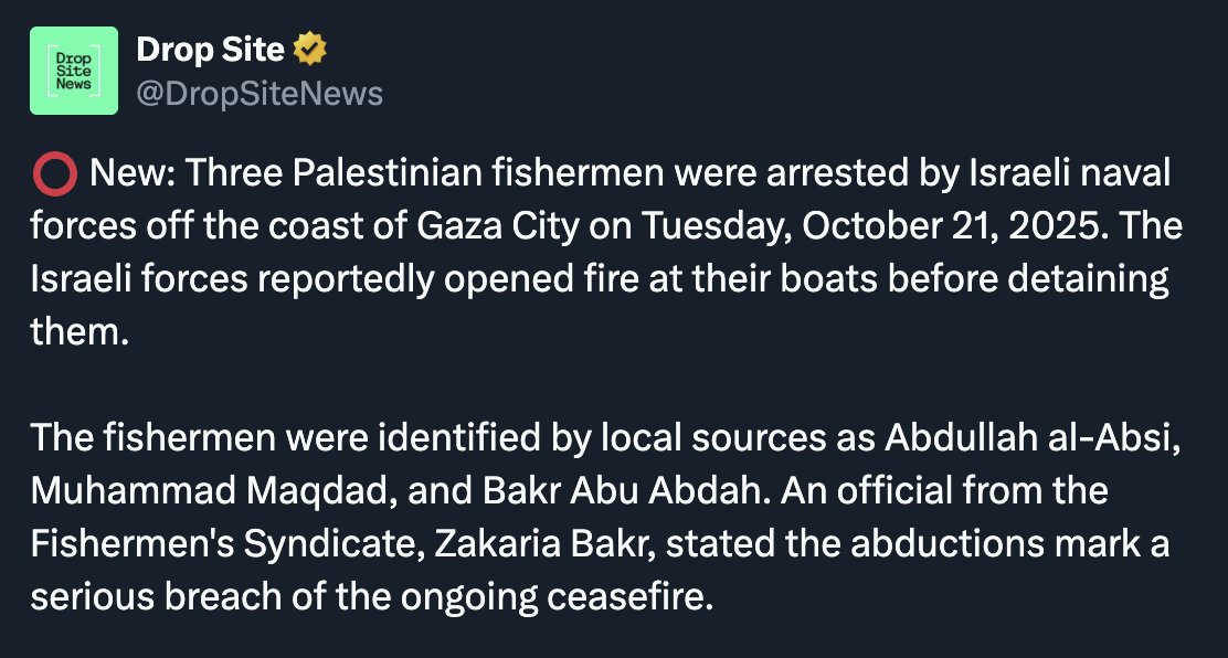 They're still fucking starving Gaza. They're allowing a tiny fraction of the agreed-upon aid in while attacking and abducting anyone who tries to go fishing. Gaza is still starving.