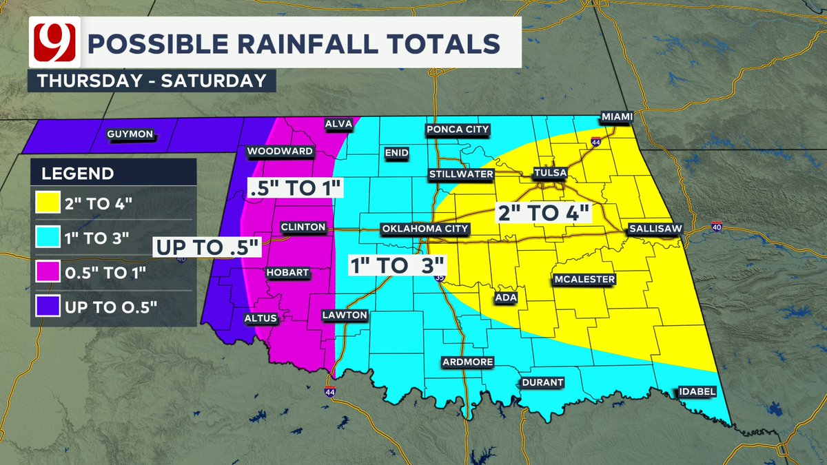 Our warm &amp; dry weather pattern is about to end! Clear &amp; chilly tonight with lows in the 40s followed by more sunshine tomorrow &amp; near 80.  A slow-moving storm system brings us waves of rain &amp; storms Thursday - Saturday. Rainfall could exceed 2-3" in places! #okwx
