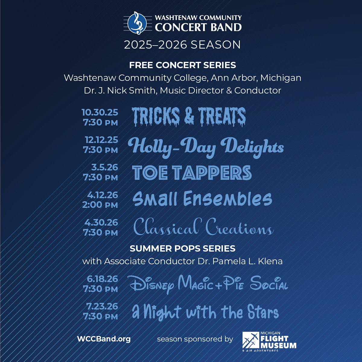 Just a reminder to join us for our annual Halloween concert next Thursday! Get your costumes ready!  Our schedule for this season is set! Please make sure to mark the dates on your calendar! 🎵🎵🎵
