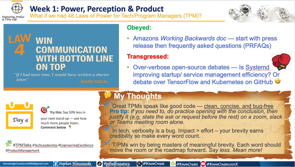 KnowCreate's tweet image. 48 laws for Tech Leaders

Law 5 - Consistency is a power multiplier. Each reliable delivery reduces friction, unlocks autonomy, and accelerates influence.
Are you a trusted executor or a recovering exaggerator?

#TPMTalks #TechLeadership #EngineeringExcellence #ProductManagement