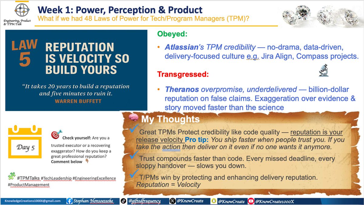 KnowCreate's tweet image. 48 laws for Tech Leaders

Law 5 - Consistency is a power multiplier. Each reliable delivery reduces friction, unlocks autonomy, and accelerates influence.
Are you a trusted executor or a recovering exaggerator?

#TPMTalks #TechLeadership #EngineeringExcellence #ProductManagement