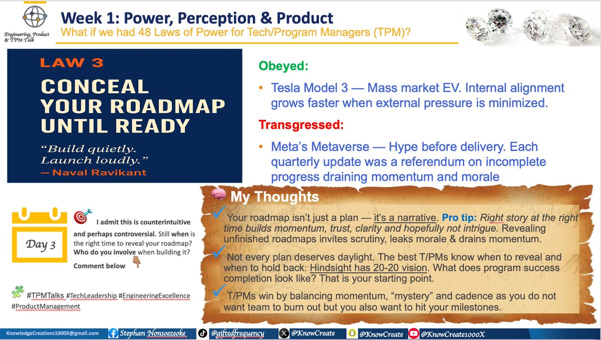 KnowCreate's tweet image. 48 laws for Tech Leaders

Law 5 - Consistency is a power multiplier. Each reliable delivery reduces friction, unlocks autonomy, and accelerates influence.
Are you a trusted executor or a recovering exaggerator?

#TPMTalks #TechLeadership #EngineeringExcellence #ProductManagement