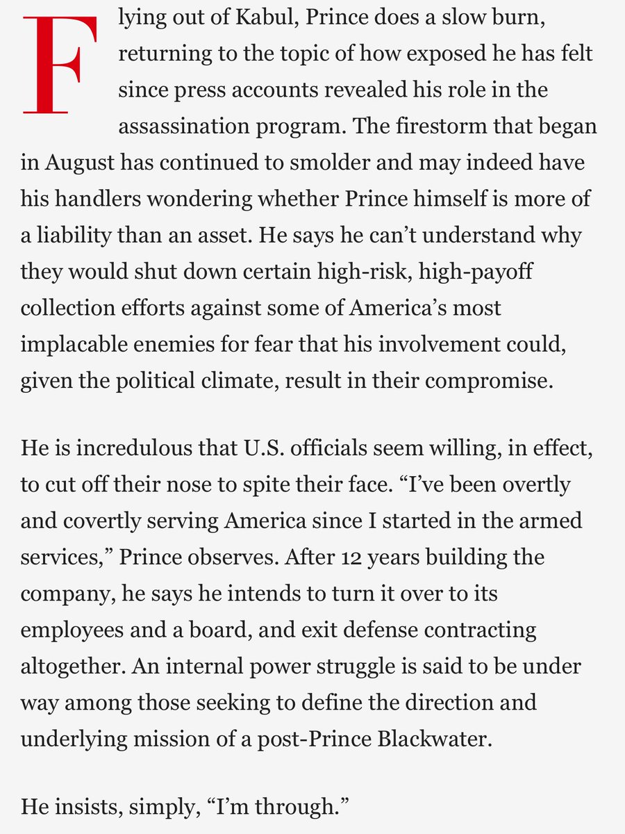 rohmerfan1127's tweet image. In 2009 it was widely reported that Blackwater mercenaries were contracting or collaborating with the CIA on targeted assassinations. Erik Prince personally admitted it to Vanity Fair because he felt thrown under the bus when Blackwater’s role in assassinations got exposed.