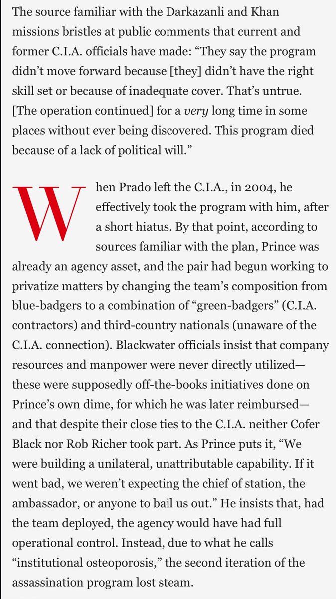 rohmerfan1127's tweet image. In 2009 it was widely reported that Blackwater mercenaries were contracting or collaborating with the CIA on targeted assassinations. Erik Prince personally admitted it to Vanity Fair because he felt thrown under the bus when Blackwater’s role in assassinations got exposed.