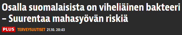 gothammer's tweet photo. Osalla suomalaisista...
#otsikointi #mielikuva #tuontiongelmat
"Terveyskirjaston mukaan 50–70-vuotiaista sitä löytyy silti yhä noin neljäsosalla.
Maahanmuuttajilla helikobakteeria esiintyy iästä riippumatta arviolta 70 prosentilla." https://t.co/KtFK1GQex7