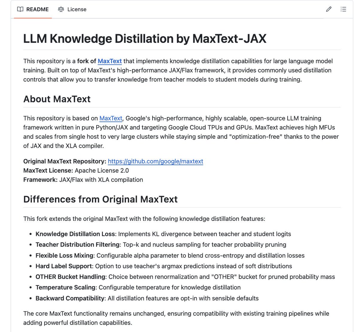 liuzhuang1234's tweet image. Excited to share our lab’s first open-source release: LLM-Distillation-JAX
supports practical knowledge distillation configurations (distillation strength, temperature, top-k/top-p), built on MaxText
designed for reproducible JAX/Flax training on both TPUs and GPUs