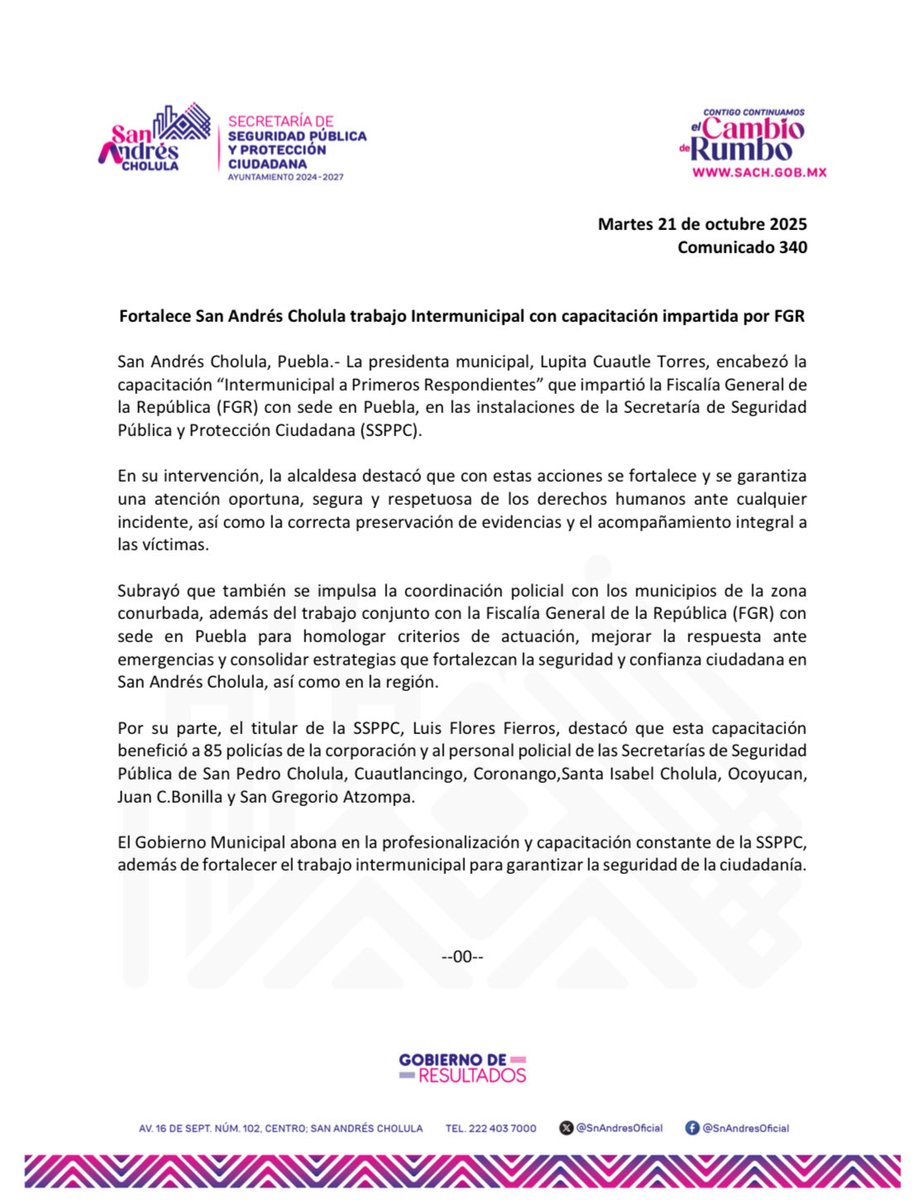 SSPPCSnAndresCH's tweet image. #Entérate 📰 | La presidenta @LupitaCuautleT encabezó la capacitación “Intermunicipal a Primeros Respondientes”, impartida por la @FGR_Pue, en la #SSPPC. 

🔹 Esta acción fortalece la seguridad y confianza ciudadana en #SanAndrésCholula, así como en la región.