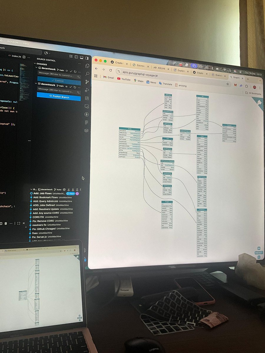 unix_machine's tweet image. Queries Schema Visualization of my backend code.
This is a project I worked on called "decent work", it's like upwork, but on arweave blockchain.
I would be making the repo public, it was built on node.js and node Graphql.
What's your take?