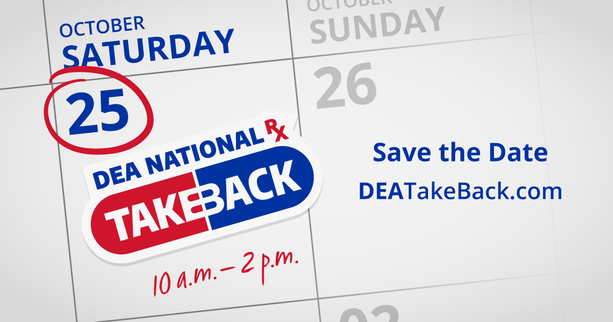 #TakeBackDay offers a safe and free opportunity for communities across the nation to dispose of old medications discreetly. On October 25th, from 10am to 2pm, bring your unused prescription drugs to a nearby collection site. Visit DEATakeBack.com to find one near you.