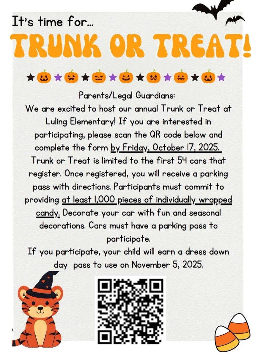 🎃 Only 7 spots left for Trunk or Treat! 🎃 👻 We’ve started creating car tags this week to send home, so now’s the perfect time to jump in and join the fun. 🚗🍬
Can we count you in?
👉 Sign up today! 
signupgenius.com/go/60B0A4AADA7…