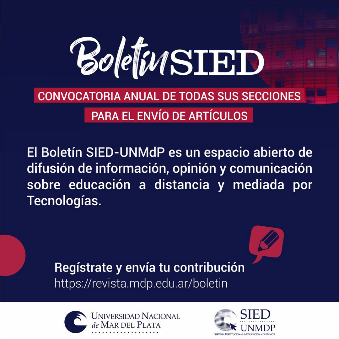 SIEDUNMDP's tweet photo. Se encuentra abierta la convocatoria al Boletín SIED UNMdP, se reciben artículos con rigor científico sobre Educación a Distancia y TIC en la Educación Superior.

✅ Publicación con Referato. ✅ Máxima visibilidad en OJS. https://t.co/Ub791Hj7Sg