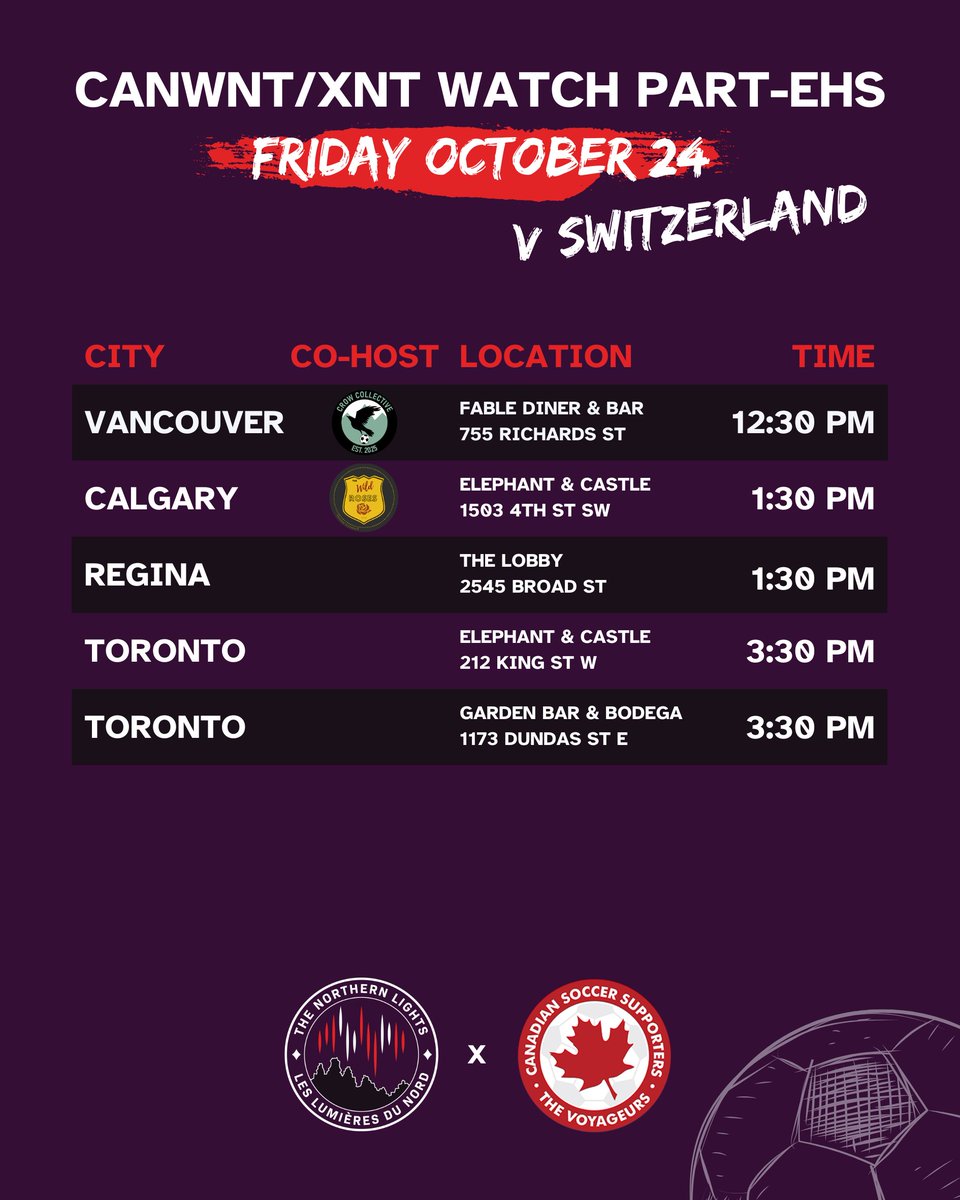 NLights_SG's tweet photo. ๐
Fri, Oct 24.
Canada kicks off the fall with a friendly vs Switzerland!
Join us and @thevoyageurs to cheer loud and proud.
Refer to the graphic for your local time + location.
#CANWNT #NorthernLightsSG #CANvsSUI #WatchParty https://t.co/iuDOL1my9m