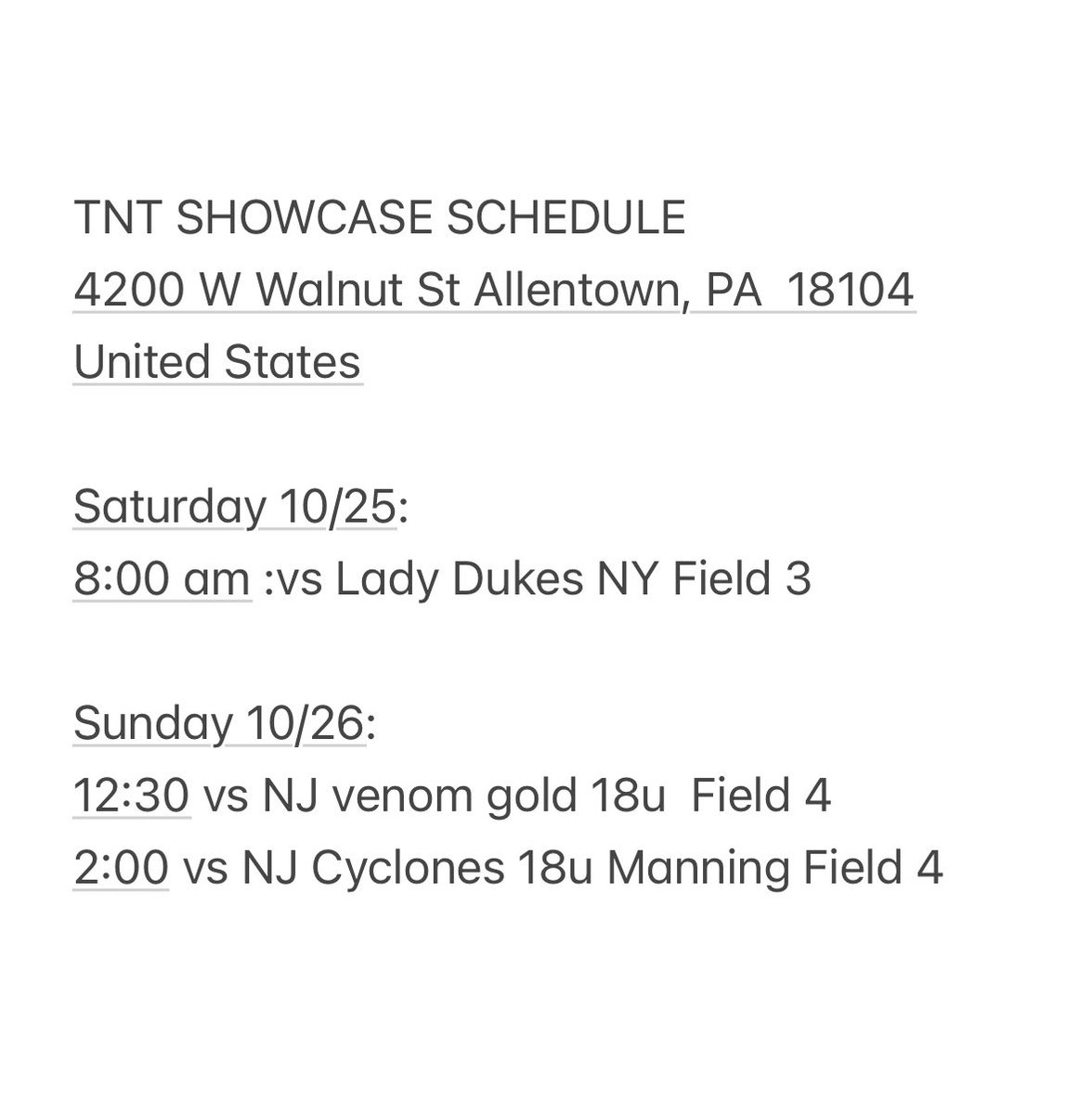 ASheaffer_2027's tweet photo. TNT showcase schedule! Can’t wait to get back on the field, come check us out! https://t.co/ivfn1NzUXK