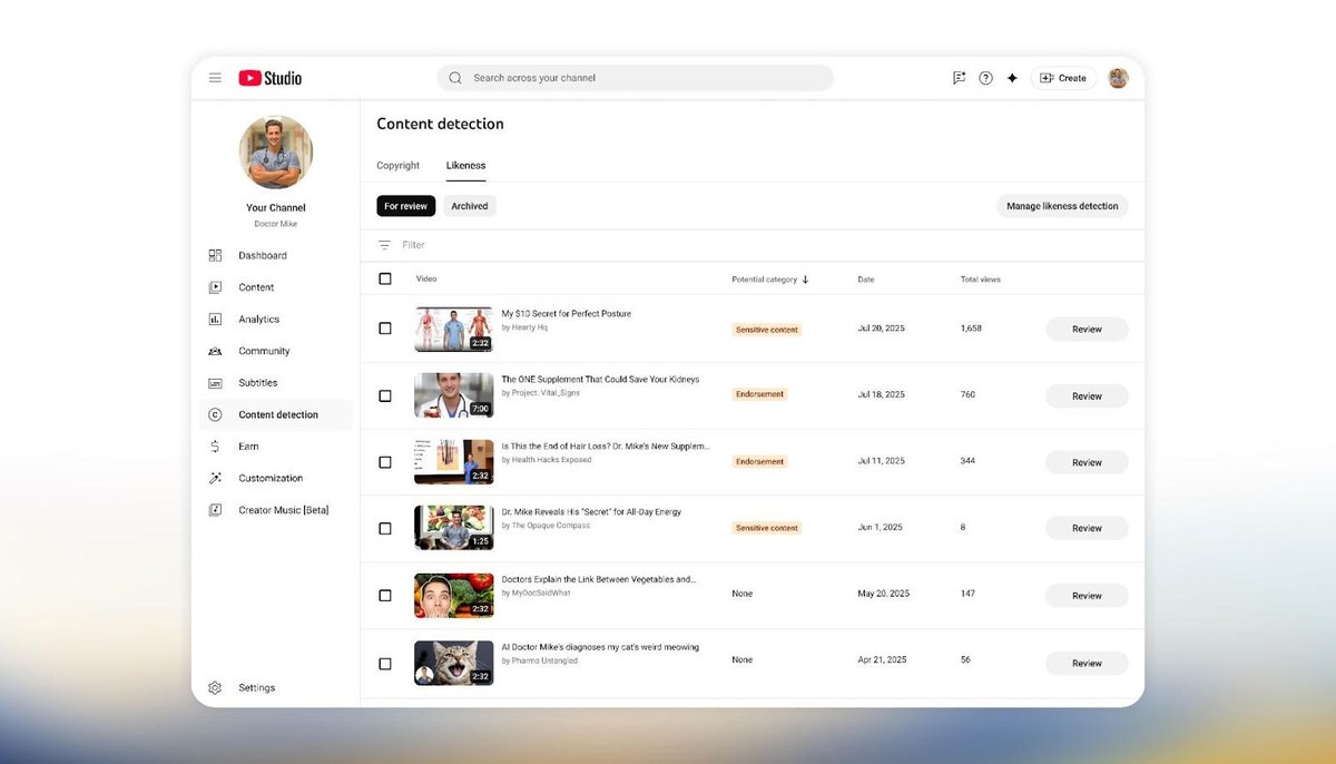 nealmohan's tweet image. Today, we’re starting to roll out our Likeness Detection tool to all @youtube Partner Program creators. It automatically finds AI matches of your facial likeness, allowing you to easily detect, manage, and request removal of the content.