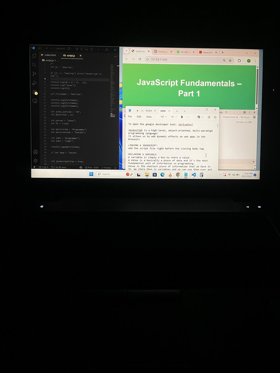 tee_codee's tweet image. day 1 of 100 days of javascript 
i learnt: 
- what is JavaScript?  A high-level, object-oriented, multi-paradigm programming language! 
- how to link your script file to your html; just right before the closing body tag
- what a console is.