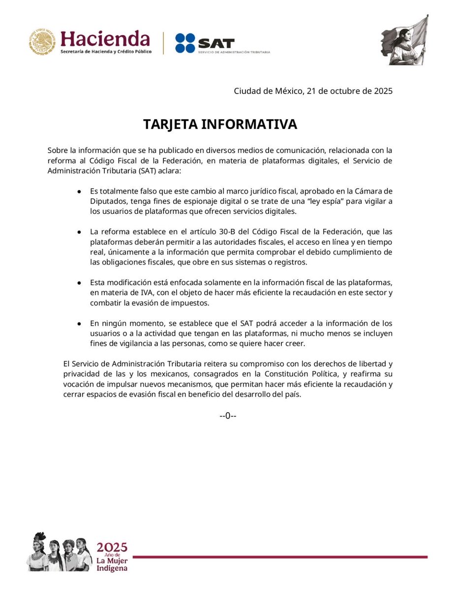 🔴 SAT niega que reforma fiscal sea una “ley espía”

El SAT aclaró que la reforma al Código Fiscal en materia de plataformas digitales no tiene fines de espionaje. Explicó que el acceso en línea solo será para verificar el cumplimiento fiscal y no para vigilar a los usuarios.