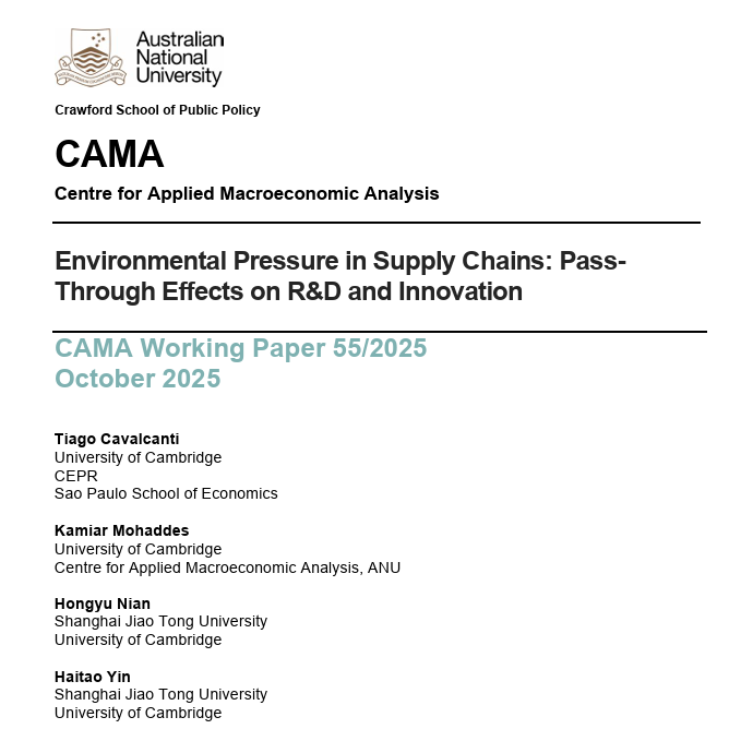 CAMacroAnalysis's tweet image. 📄 CAMA WP 55/2025 (by @KamiarMohaddes et al) examines how environmental compliance costs pass through supply chains.

Policy simulations show that green tech incentives for regulated firms and R&amp;amp;D support can offset these costs and boost welfare.

🔗 bit.ly/3WhNa2Q