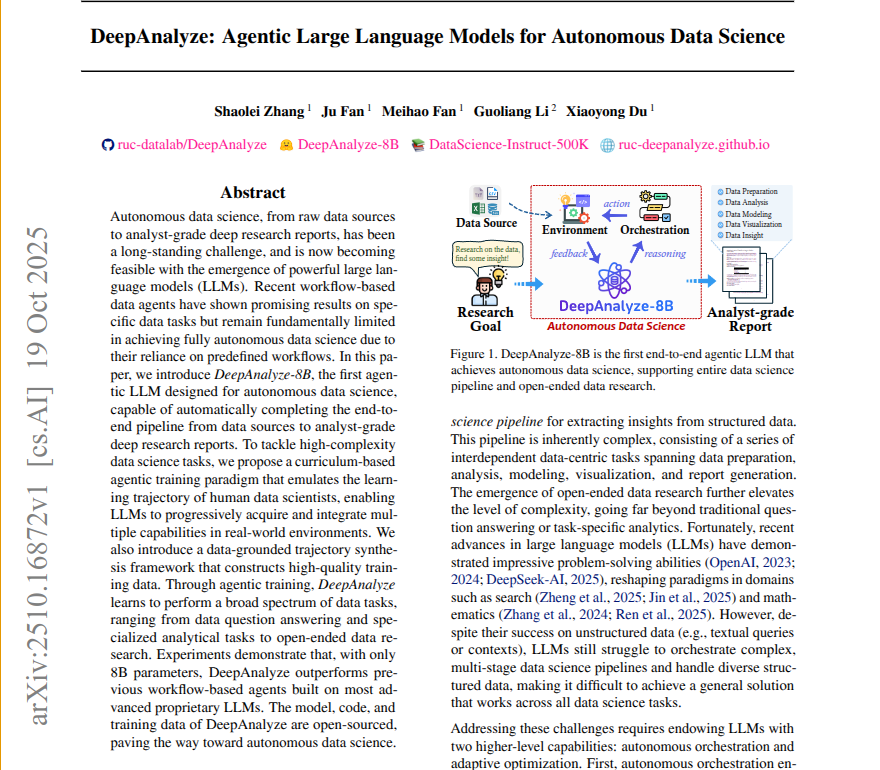 rohanpaul_ai's tweet image. This paper builds an agentic LLM that can run the whole data science workflow by itself.
It is an 8B model that plans work, reads structured files, writes and runs code, checks results, and iterates. 
Standard “workflow agents” break here because fixed scripts do not adapt well…