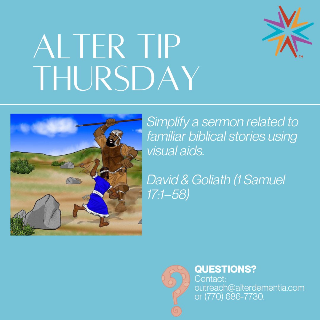 AlterDementia's tweet photo. ALTER Tip Thursday 💡

Simplify a sermon using familiar biblical stories &amp; visual aids.

David &amp; Goliath (1 Samuel 17:1–58) shows how faith &amp; courage overcome obstacles — visuals help make this meaningful. 

💬 Questions? outreach@alterdementia.com | (770) 686-7730

#MemoryCare https://t.co/BLeoIi80yI