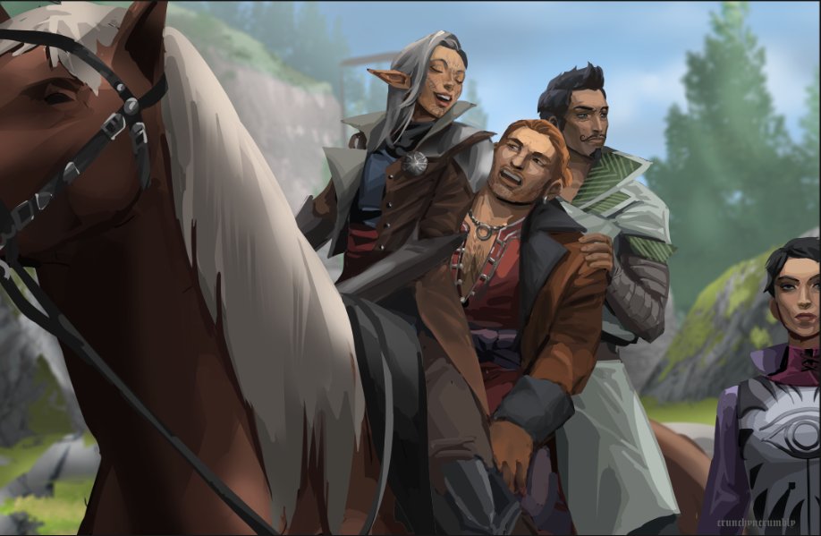 crunchyncrumbly's tweet photo. Inquisition crew (minus Cassandra) on horseback bc (minus the inquisitor) they disappear in game

#dragonageinquisition
#varrictethras
#cassandrapenthaghast
#dorianpavus https://t.co/9U2WKpPC24