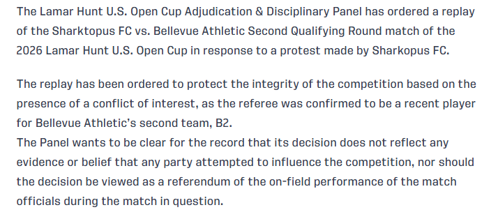BREAKING:

The US Open Cup Adjudication &amp; Disciplinary Panel has ordered a replay of the Sharktopus FC vs Bellevue Athletic FC #USOC2026 Second Qualifying Round match in response to a protest made by Sharkopus FC.

Full statement:
ussoccer.com/stories/2025/1…