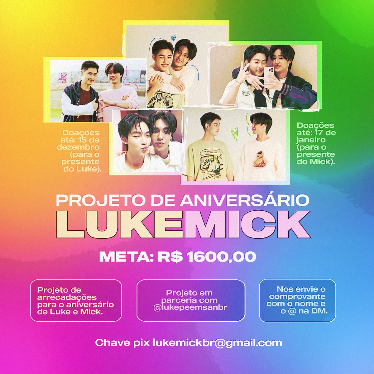 lukemickbr's tweet image. 🎉 PROJETO DE ANIVERSÁRIO LUKEMICK

Está no ar o projeto de aniversário do Luke e do Mick, e queremos contar com o apoio de todos os fãs para tornar esse presente super especial!

Meta: R$ 1.600,00 (na somatória dos dois presentes)
Doações até:
15 de dezembro — para o presente do…
