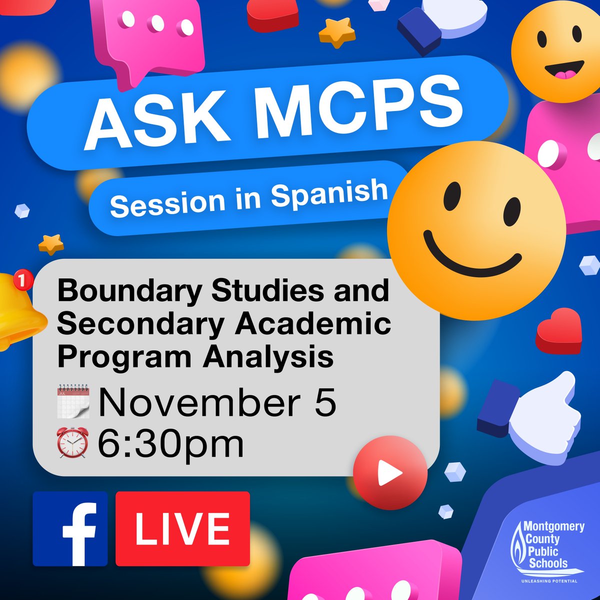 MCPS's tweet image. 📣 MCPS Families!
Do you have questions about the new boundary study options and the new academic programs in secondary schools?
👉 Join Pregúntale a MCPS, where we’ll answer your questions in Spanish about how MCPS is expanding opportunities for all students.