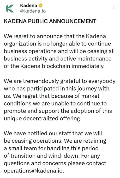 $KDA is done

<a href="/kadena_io/">Kadena</a> team walking away &amp; shutting-down everything

if you hold, consider exiting immediately