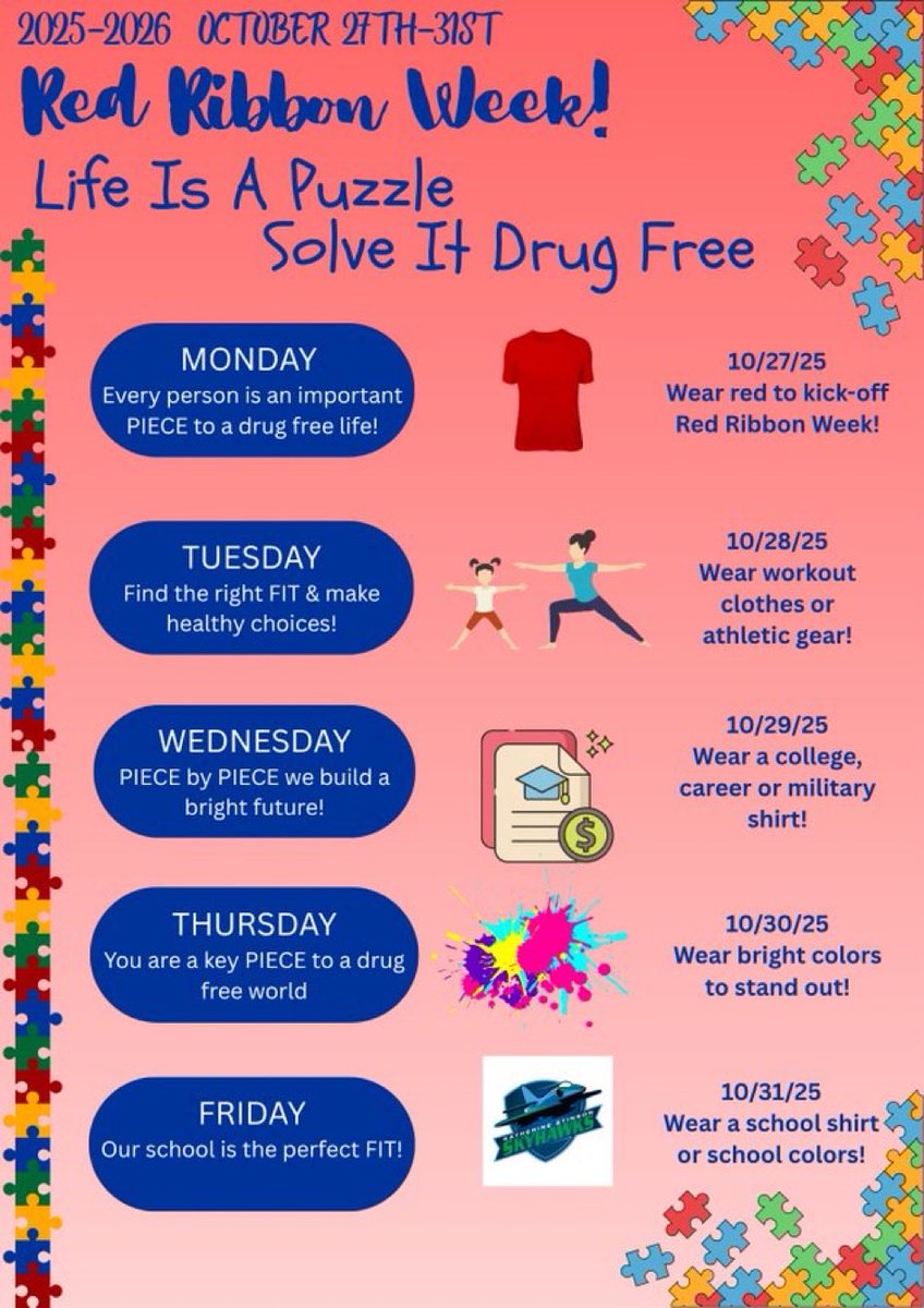 Join us next week for our #RedRibbonWeek2025
festivities by participating in our spirit week and by coming to our counselor’s table on Monday 10/27/25 to pledge to a drug free life❤️ 🧩 ❤️ 🧩❤️ 🧩 <a href="/NISDStinson/">Stinson MS NISD</a> <a href="/NISDCounseling/">NISD Counseling</a>