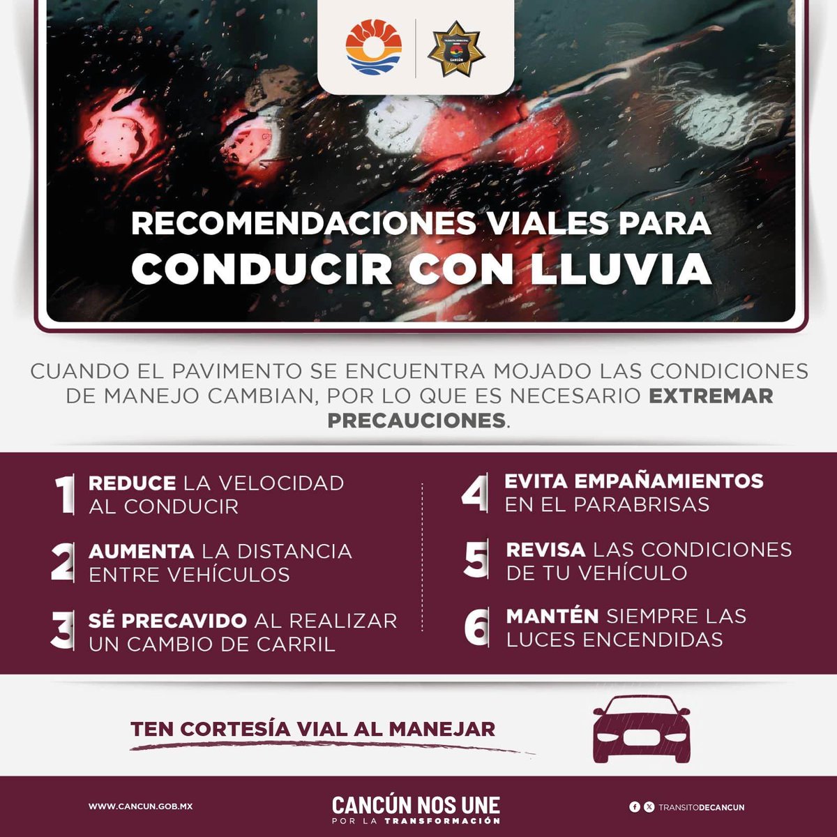 🌧️🚓 Conductor, es importante que extremes precauciones al conducir cuando las lluvias se presentan, recuerda que las condiciones de manejo cambian con el pavimento mojado. 

Sigue estas recomendaciones y llega a salvo a tu destino. 
#TuSeguridadVialEsPrimero 👮🏻‍♀️