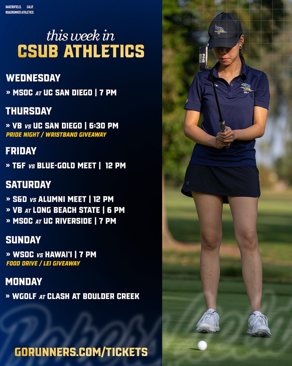 𝑻𝒉𝒊𝒔 𝑾𝒆𝒆𝒌 𝒊𝒏 𝑪𝑺𝑼𝑩 𝑨𝒕𝒉𝒍𝒆𝒕𝒊𝒄𝒔 📆

Plenty of opportunities to see your Roadrunners compete‼️

🎟️ GoRunners.com/tickets
🆓 admission to all CSUB students, with valid CSUB student ID

#RunnersOnTheRise
