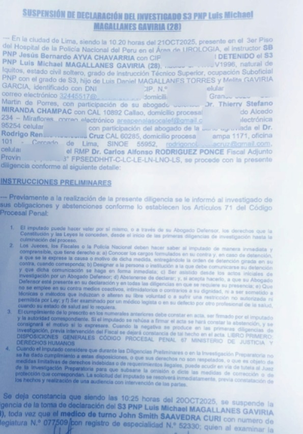 #ÚLTIMO #15O 🛑Hoy el suboficial Luis Magallanes se negó a declarar ante la 3era Fiscalía de Derechos Humanos alegando estrés con una constancia psiquiátrica. 
La diligencia ha quedado suspendida.