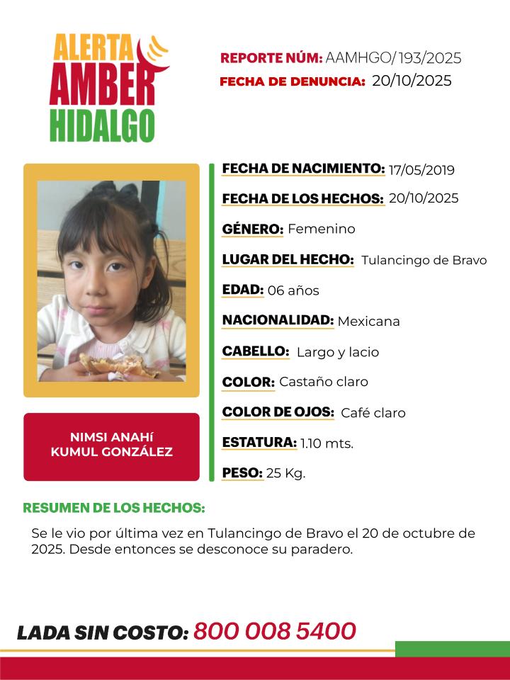 AAMBER_hgo's tweet image. 📌Solicitamos tu apoyo con la #DIFUSIÓN de la #AlertaAmberHidalgo, para localizar a NIMSI ANAHÍ KUMULGONZÁLEZ, Si tienes información, comunícate al ☎️8009121314 PROCURATEL #PGJEH #CadaSegundoCuenta #TuAyudaCuenta #ActuemosRápido.
