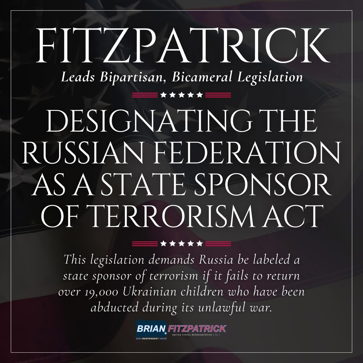RepBrianFitz's tweet image. Putin has abducted more than 19,000 Ukrainian children—not by accident, but by design. A deliberate, calculated act of terror.
Today, with @USRepKeating, we introduced bipartisan legislation delivering a clear ultimatum: return these children or face the full weight of a State…