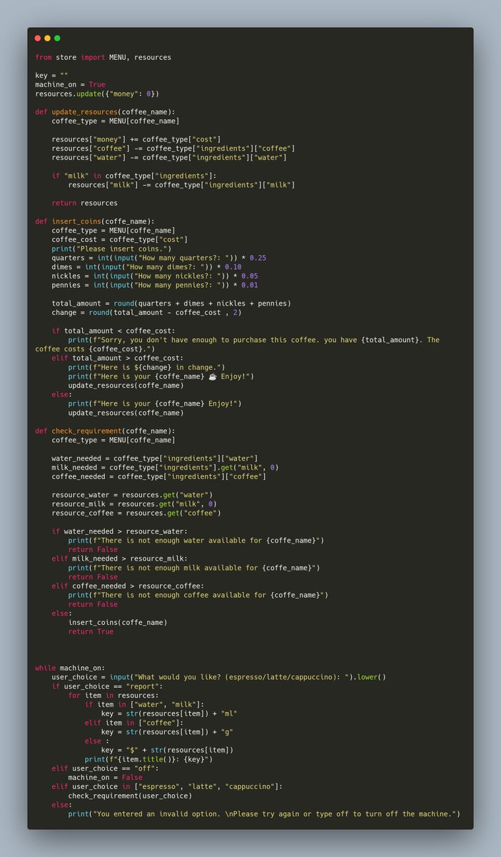 muyiwa_dev's tweet image. Day15:100 Days of Code: The Complete Python Pro Bootcamp by Angela Yu
Project: Coffee Machine
first slide - Python
second slide - Golang
third slide - Typescript
fourth slide - Result
P.S: As much as Python is easy to read or write, It gives up control like struct and types in…