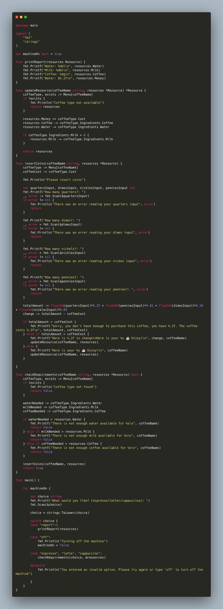muyiwa_dev's tweet image. Day15:100 Days of Code: The Complete Python Pro Bootcamp by Angela Yu
Project: Coffee Machine
first slide - Python
second slide - Golang
third slide - Typescript
fourth slide - Result
P.S: As much as Python is easy to read or write, It gives up control like struct and types in…