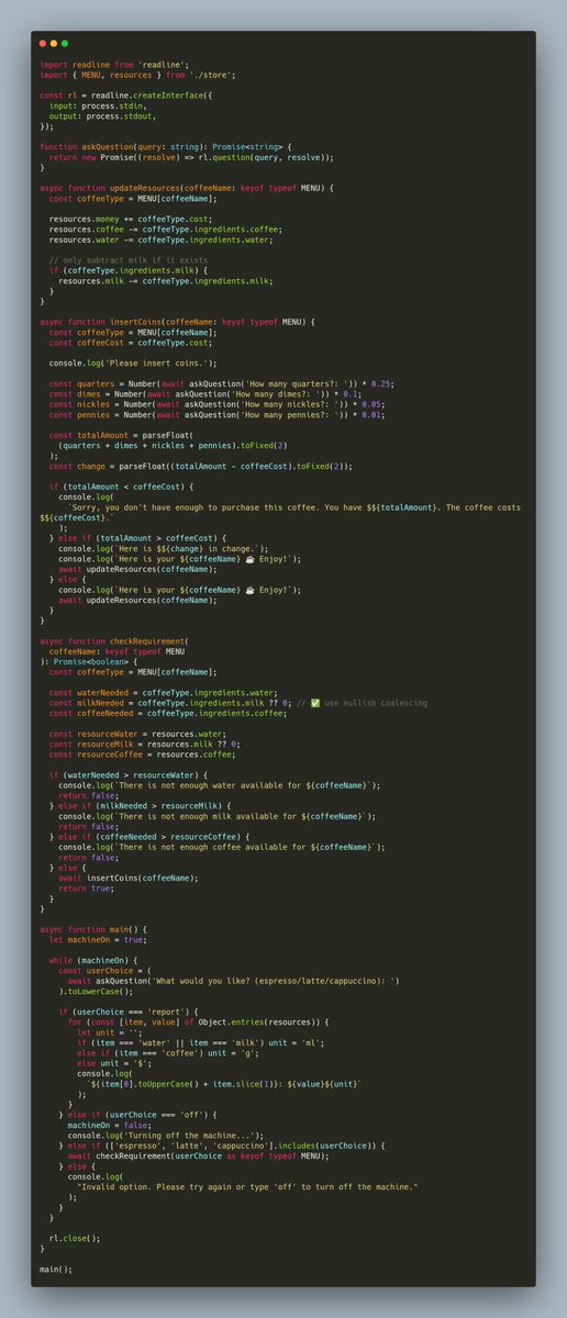 muyiwa_dev's tweet image. Day15:100 Days of Code: The Complete Python Pro Bootcamp by Angela Yu
Project: Coffee Machine
first slide - Python
second slide - Golang
third slide - Typescript
fourth slide - Result
P.S: As much as Python is easy to read or write, It gives up control like struct and types in…