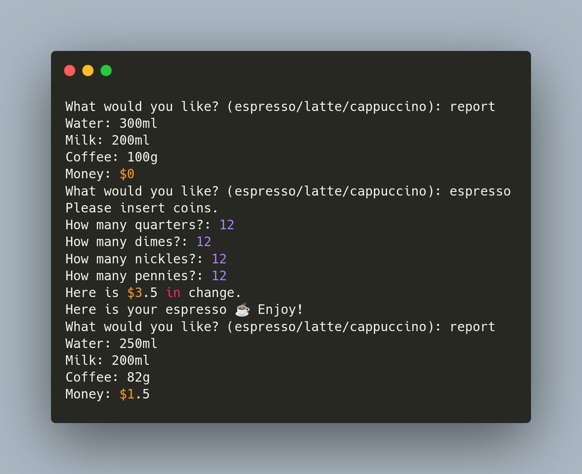 muyiwa_dev's tweet image. Day15:100 Days of Code: The Complete Python Pro Bootcamp by Angela Yu
Project: Coffee Machine
first slide - Python
second slide - Golang
third slide - Typescript
fourth slide - Result
P.S: As much as Python is easy to read or write, It gives up control like struct and types in…
