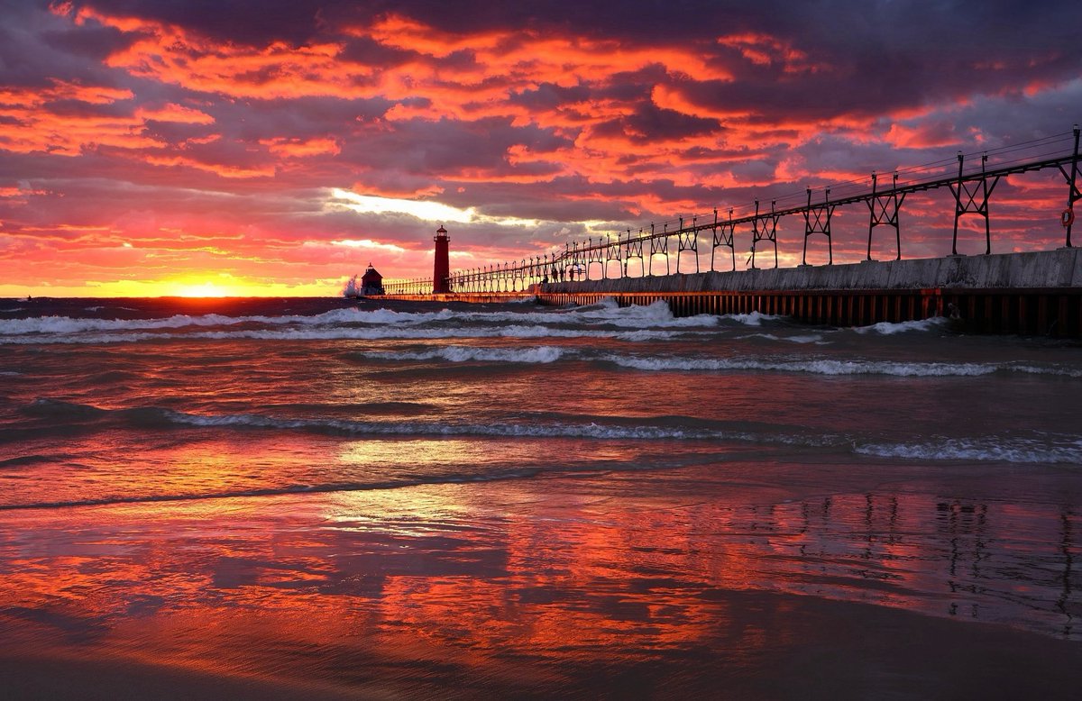 Sunday night’s fiery sunset from Grand Haven. 
#puremichigan