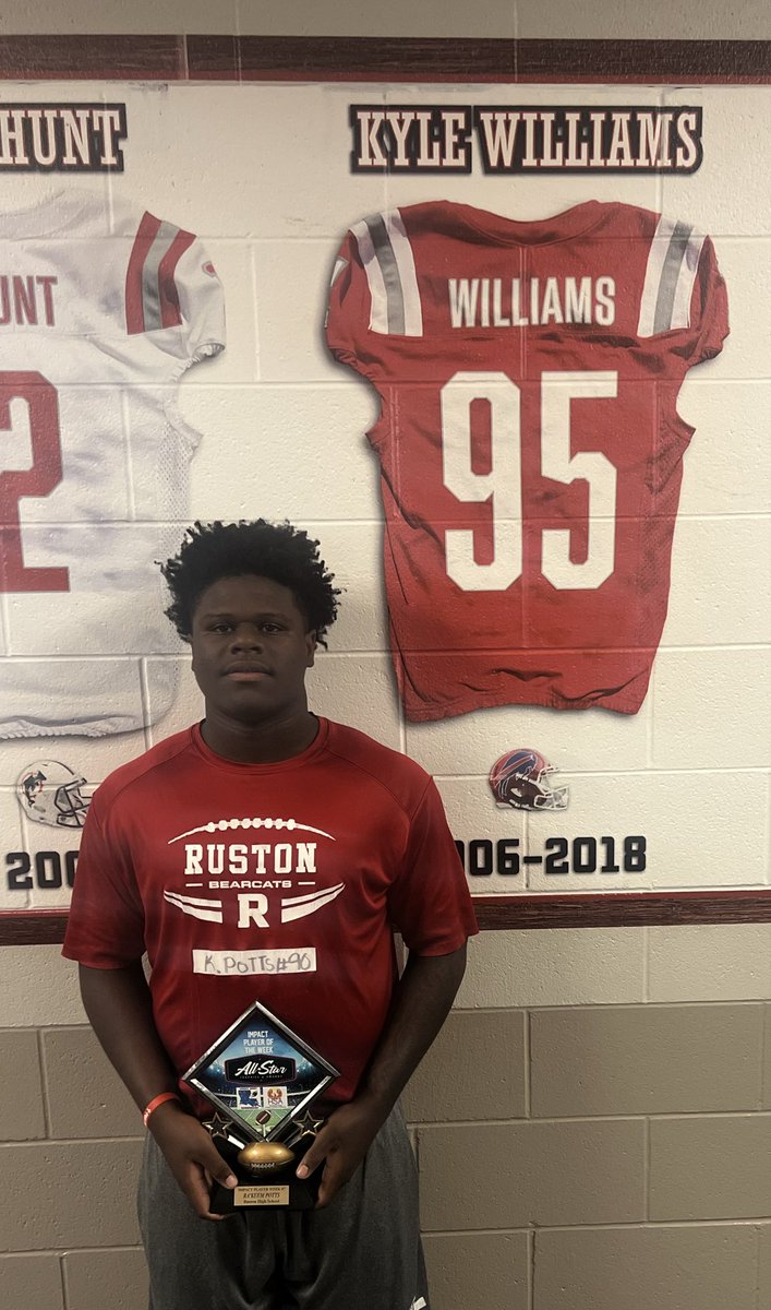Ruston defensive linemen Ra’Keem Potts collected his Northeast Delta HSA Impact Player of the Week award for his stellar play Friday night vs Neville. Enjoy your 🏆 from All Star Trophies &amp; Awards ‼️
