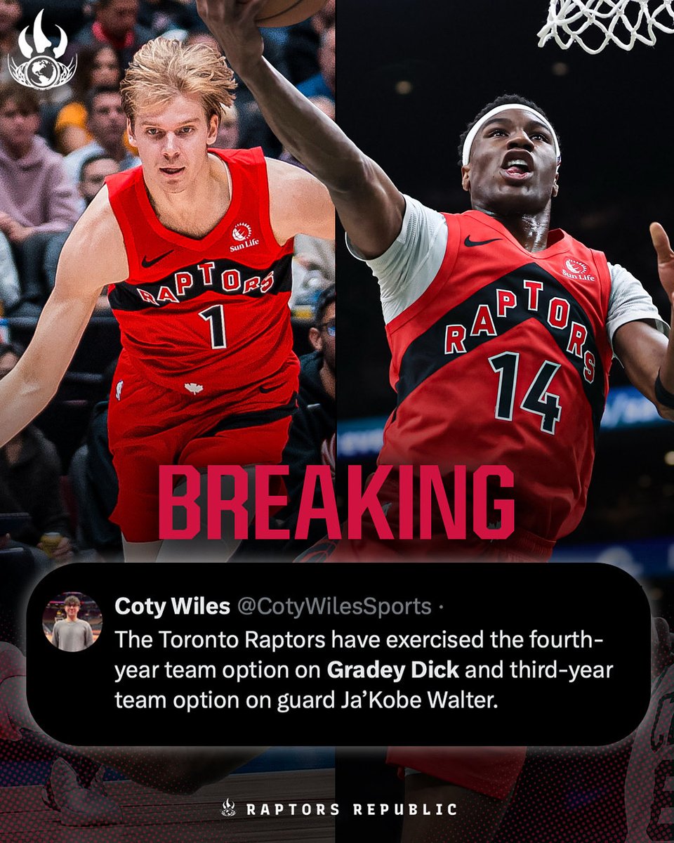 The Raptors have exercised the fourth-year team and third-year team options on Gradey Dick and Ja’Kobe Walter 

#WeTheNorth

📸: Bob Frid, Paul Rutherford 