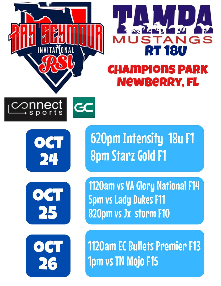 I am super excited to be back on the field this weekend with <a href="/TampaMustangsRT/">Tampa Mustangs RT 18u</a>!! This team is truly starting to come together and I am excited to play some good competition with them!! Here is our schedule for this weekend I hope to see you there!! 
<a href="/FSU_CoachWilson/">Travis Wilson</a> <a href="/TCam_FSUSB/">Troy Cameron</a>